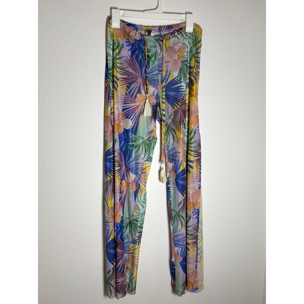 Tropical Mesh Drawstring Tassel Pants Multicolor Palm Print Medium